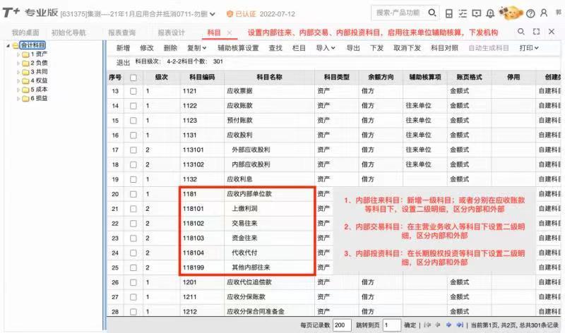 用友T+Cloud会计科目